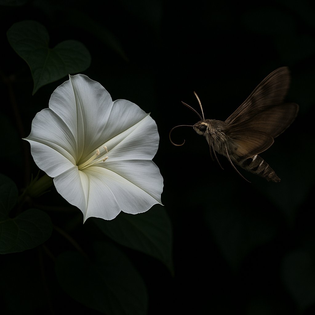 White moonflower open at night with a hawk moth approaching to feed