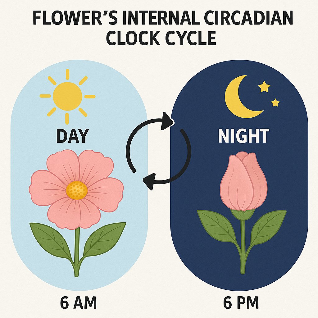 Comparison diagram showing a flower's internal circadian clock cycle over 24 hours