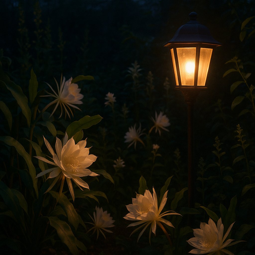 Garden scene showing night-blooming flowers under soft warm lighting away from bright artificial sources