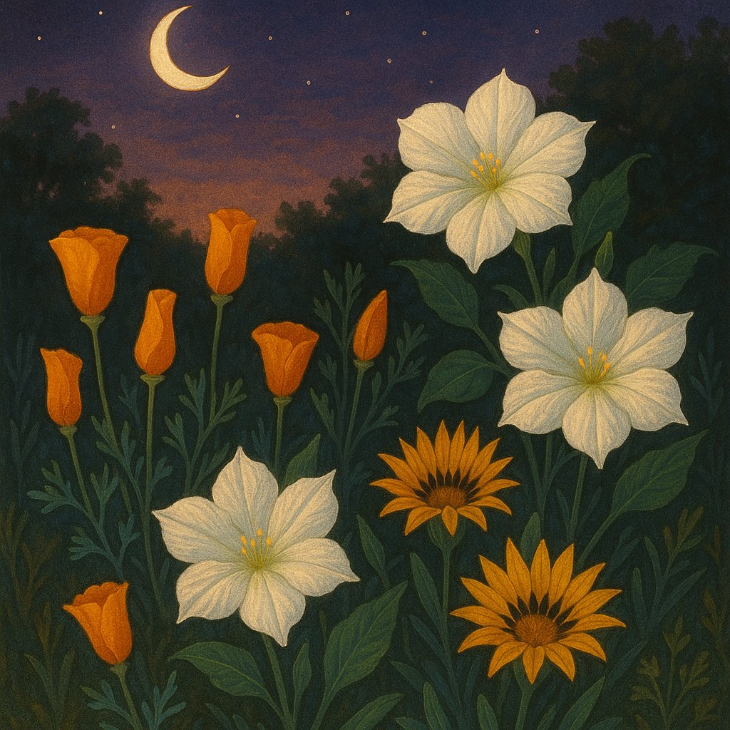 Evening garden scene showing California poppies and gazanias with closed petals alongside open night-blooming flowers