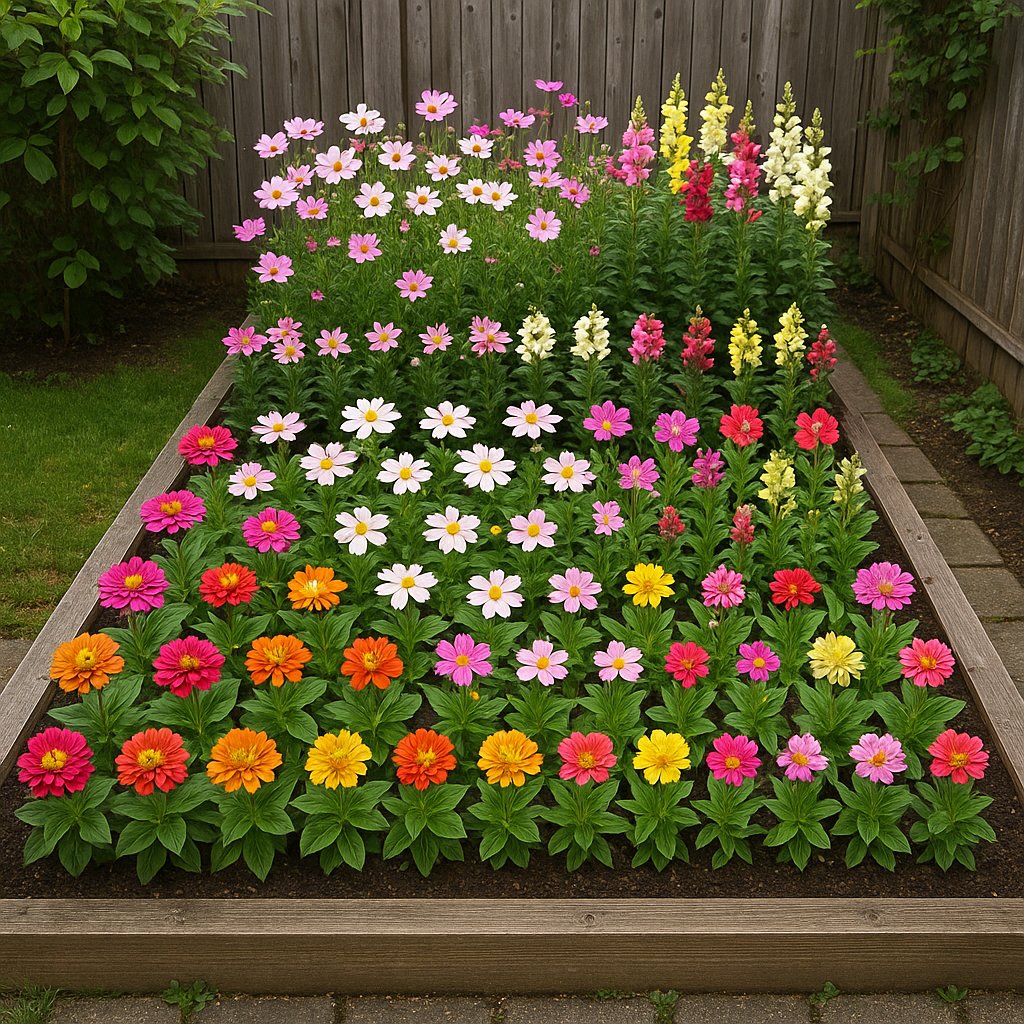 small backyard raised bed densely planted with rows of zinnias, cosmos, and snapdragons in bloom