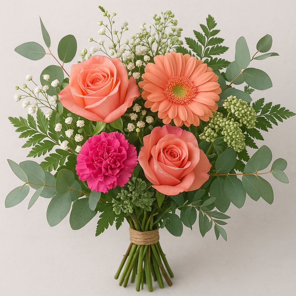 hand-tied bouquet showing focal flowers, fillers, and textural foliage arranged together