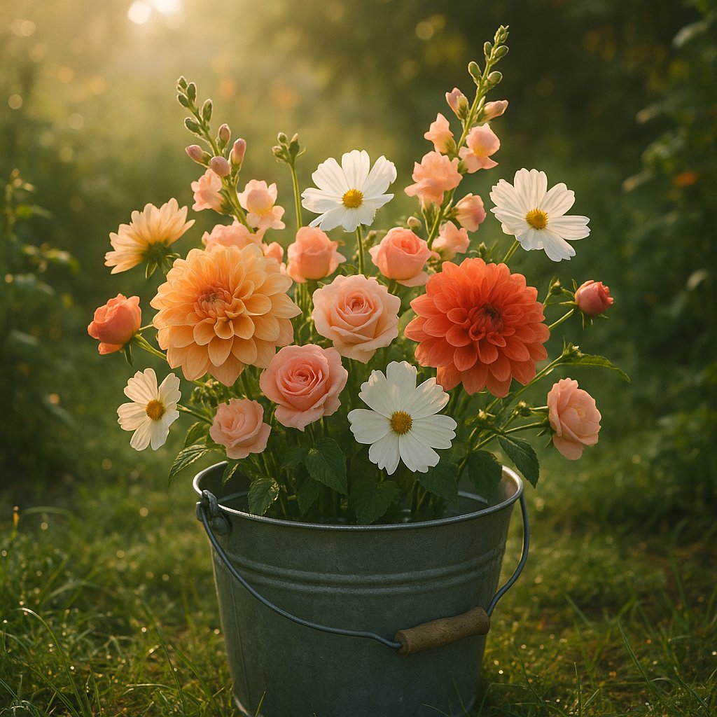 freshly cut flowers standing in a water-filled bucket in early morning garden light