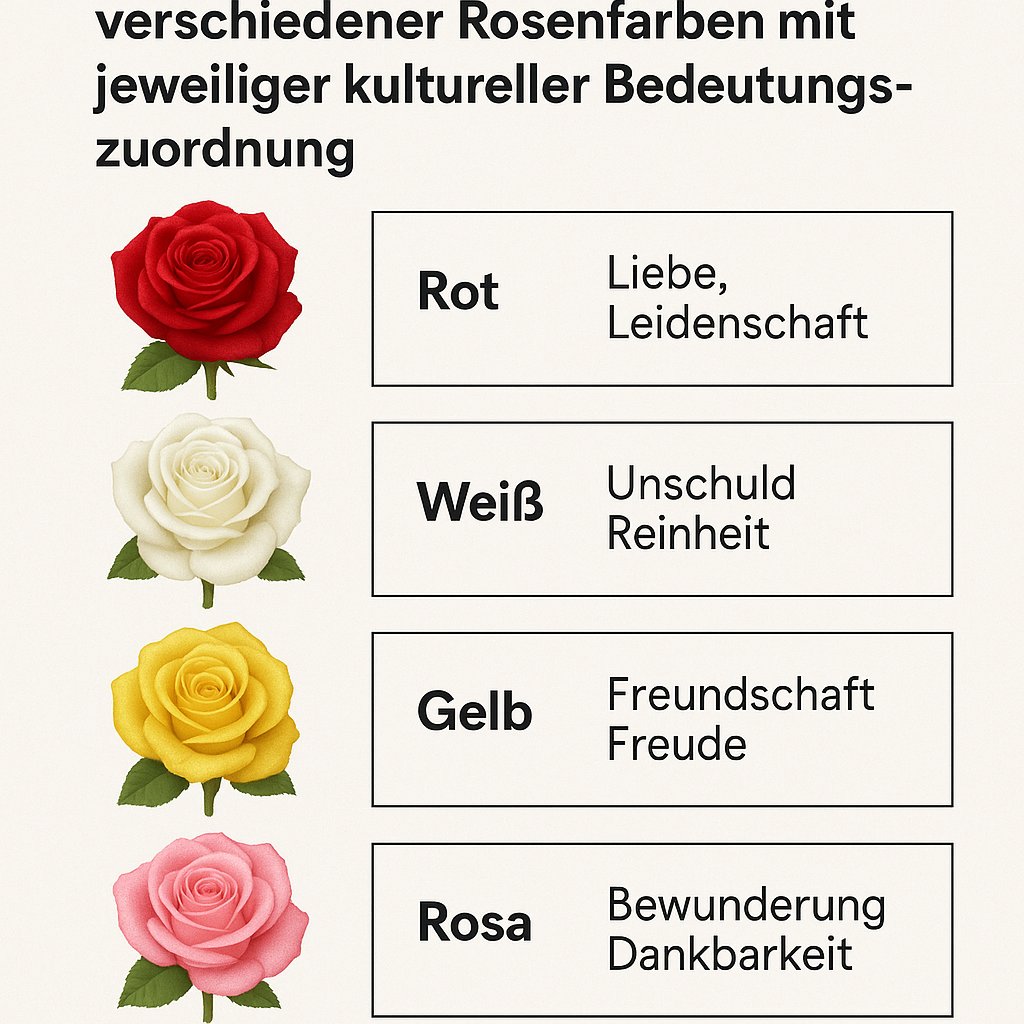 Vergleich verschiedener Rosenfarben mit jeweiliger kultureller Bedeutungszuordnung als Übersicht