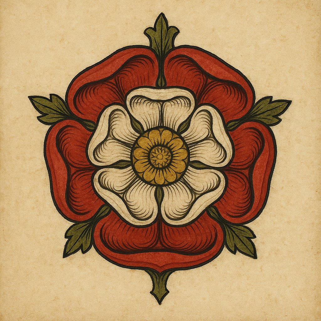 Historische Darstellung der Tudor-Rose als heraldisches Wappensymbol mit roter und weißer Blütenschicht