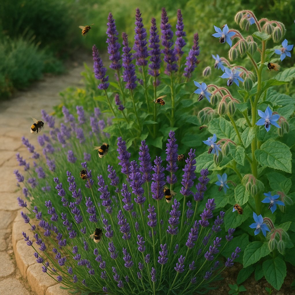 Bordura di giardino mediterraneo con lavanda, salvia e borragine in piena fioritura, visitata da bombi e api solitarie
