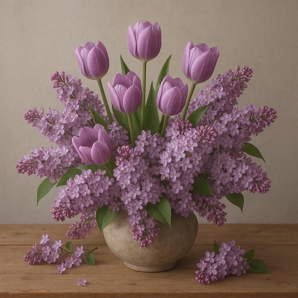 Arreglo floral primaveral con tulipanes y lilas en tonos malva sobre mesa de madera