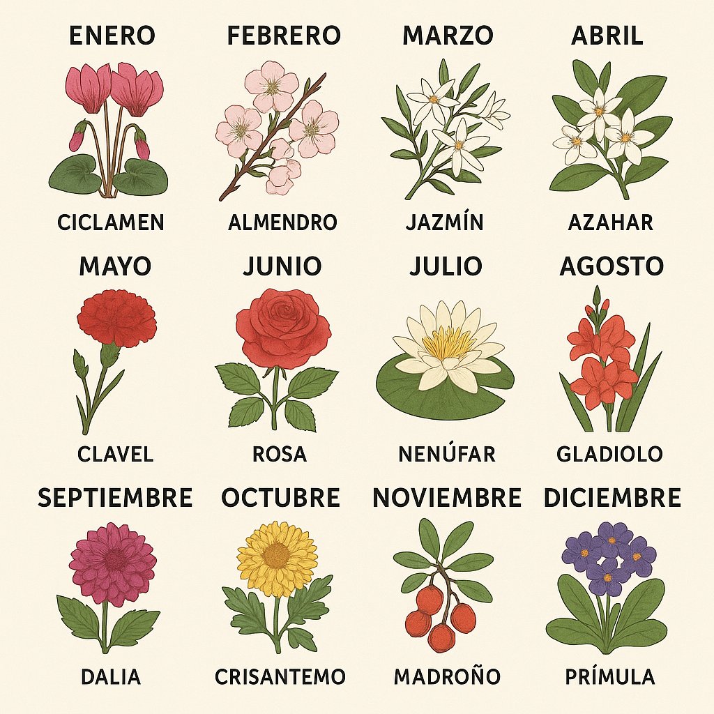 Calendario visual con doce recuadros que muestran la flor representativa de cada mes del año en España