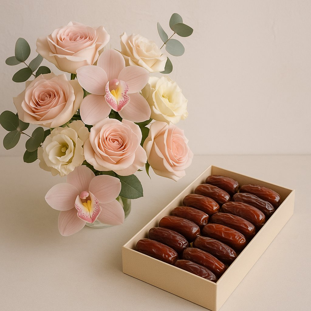 Elegant pastel rose and orchid bouquet beside a box of dates