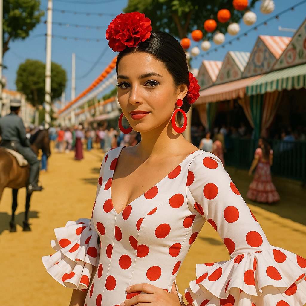 mujer con traje de flamenca y clavel rojo en el pelo en la Feria de Abril de Sevilla