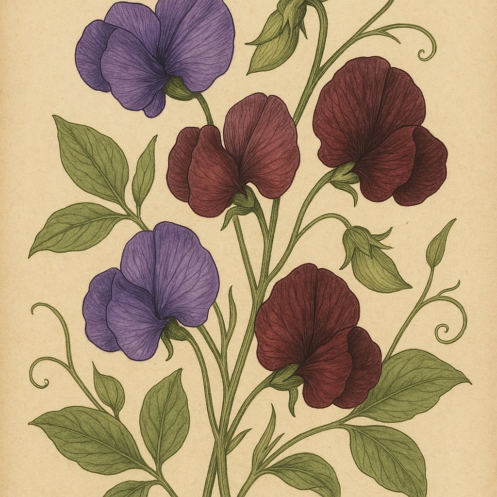 vintage botanical illustration of wild purple and maroon sweet pea flowers