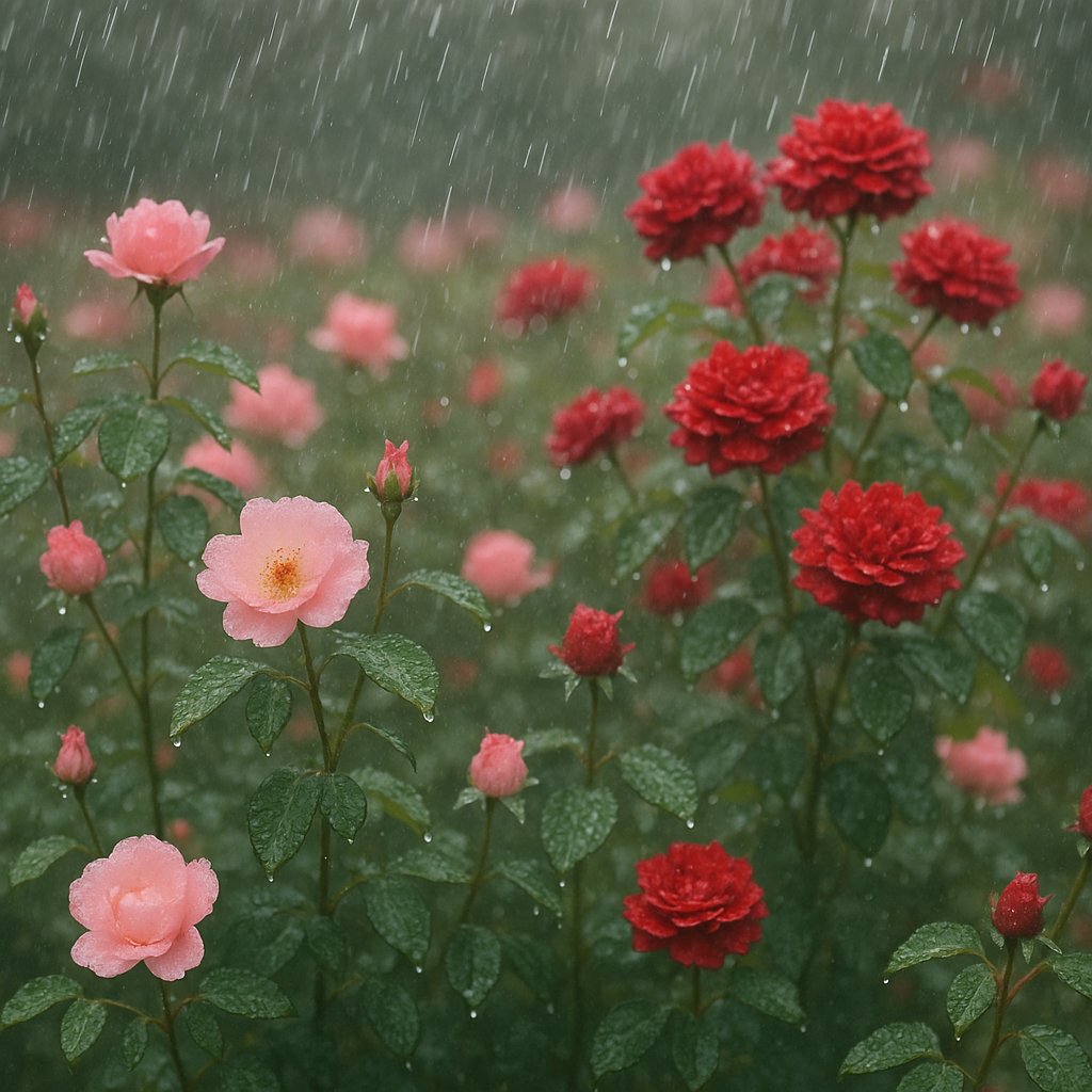 Rosenbeet im Regen mit tropfenden einfachen und halbgefüllten Blüten