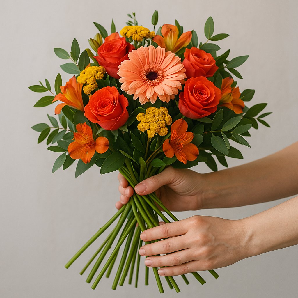 mains montant un bouquet en spirale, tiges croisées en diagonale