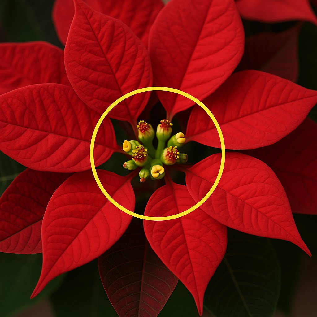 primer plano de poinsettia roja con ciatios amarillos señalados