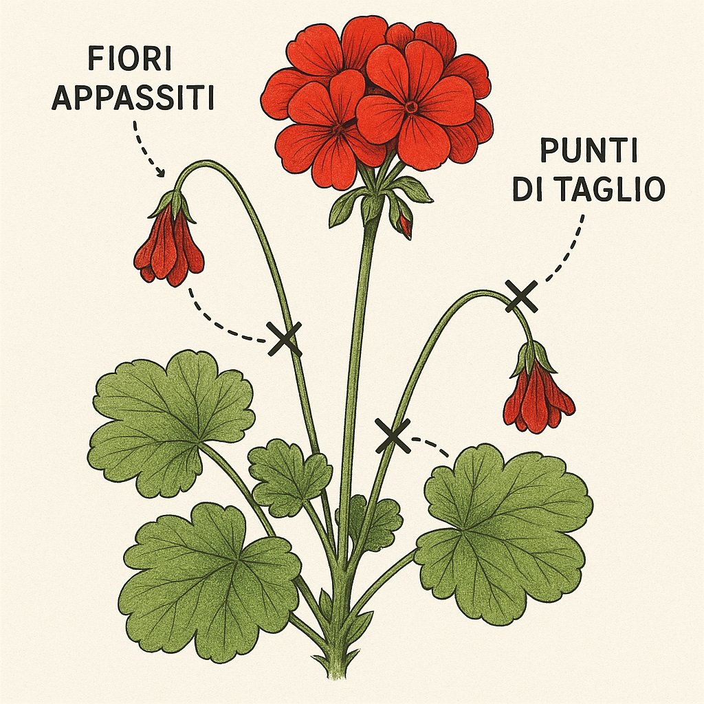geranio con indicazione dei punti di taglio e dei fiori appassiti da togliere